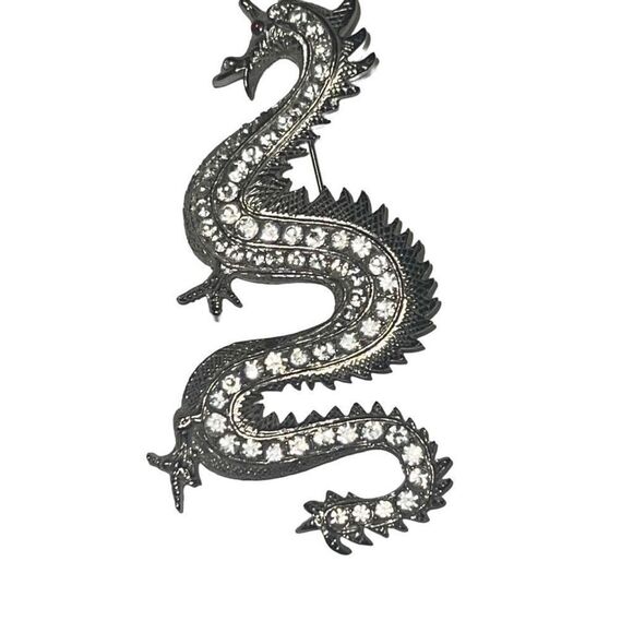 Huge Vintage Clear Rhinestone Gold Tone Red Eyed Dragon Statement Brooch - Picture 11 of 12